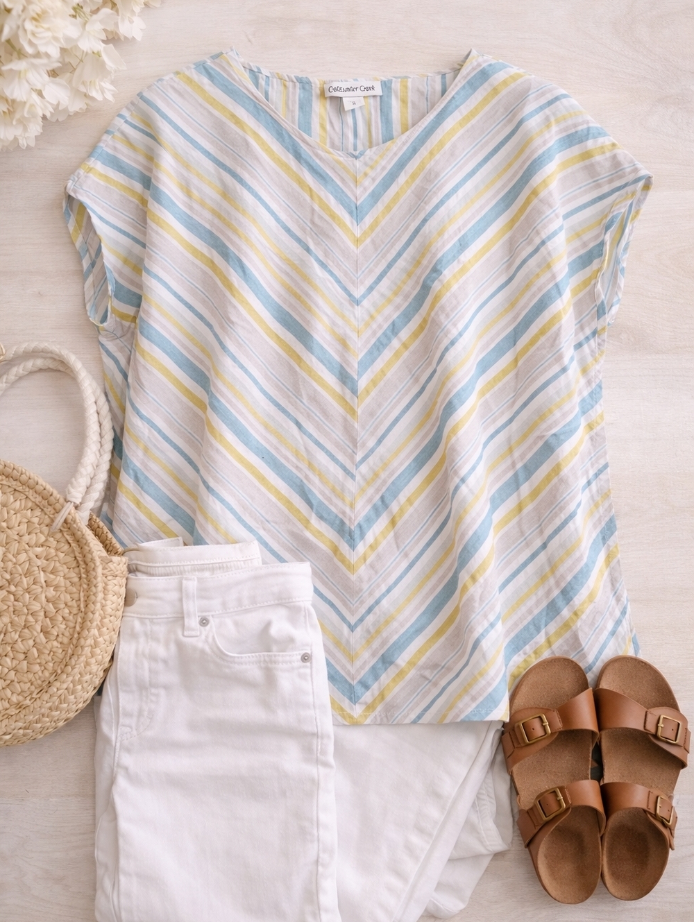 Coldwater Creek Linen Chevron Stripe Top | 1X | Pastel Summer Blouse
